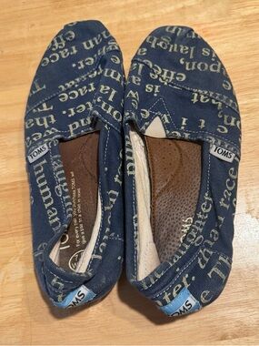 Toms Navy Canvas Slip-On Flats with Cream Typographic Print